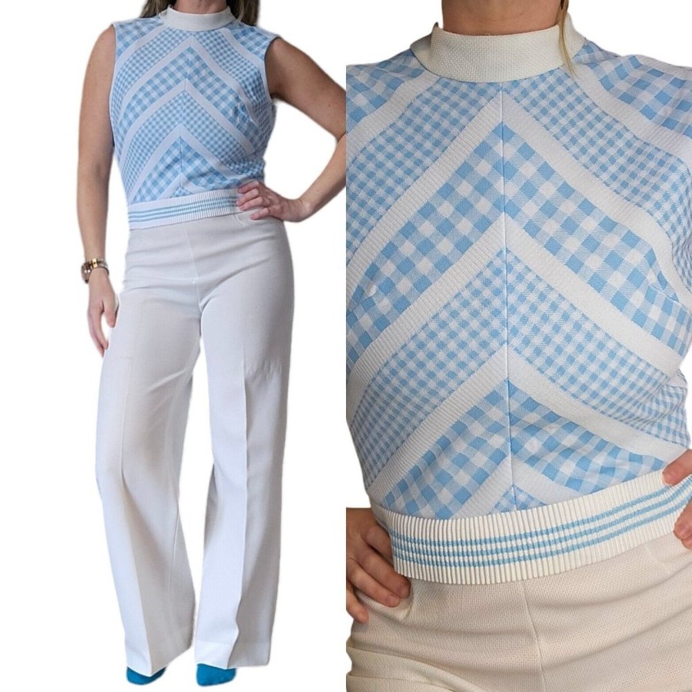 Vintage 70s Sz 4 White Blue Flared Sleeveless Jumpsuit Knit Polyester‎ Wide Leg